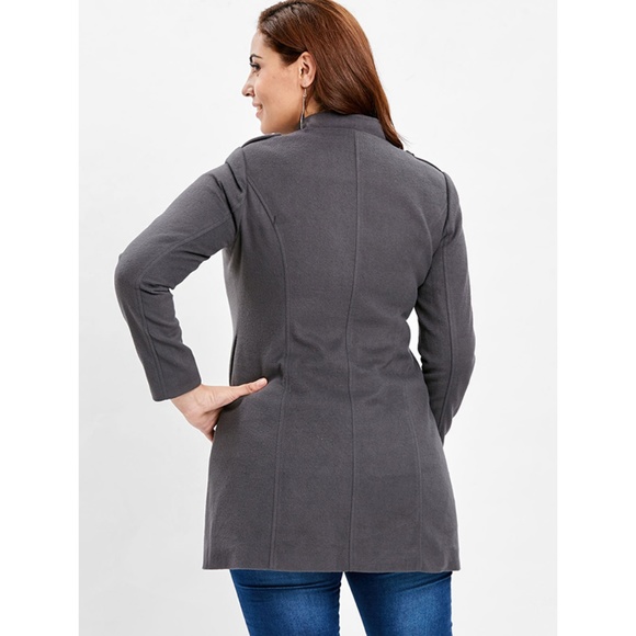 ♠ Dark Gray Plus Size Button Detail Zip Jacket ♠ - Picture 4 of 8